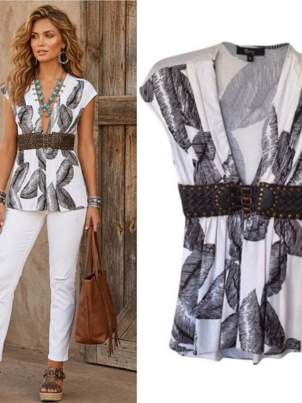 SKY Brand Belted Leather Belted Dress Top